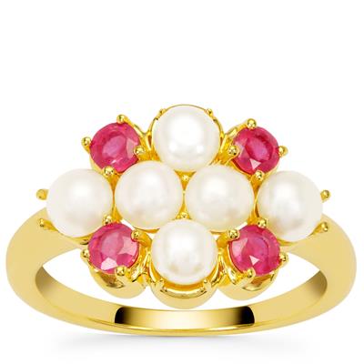 Kaori Cultured Pearl Regency Ring with Thai Ruby in Gold Plated Sterling Silver (4mm) 