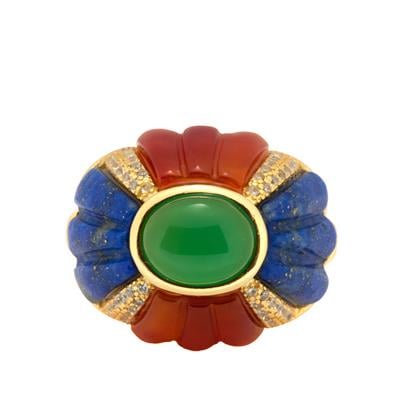 Sar-i-Sang Lapis Lazuli, Red & Green Agate Ring in Gold Tone Sterling Silver 12.90cts