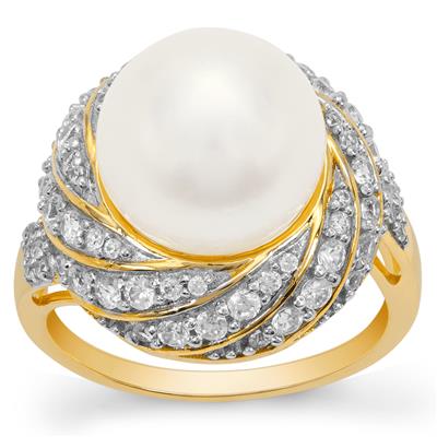 South Sea Cultured Pearl Ring with White Zircon in 9K Gold (11mm)