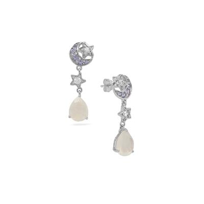 Rainbow Moonstone, Tanzanite Earrings with White Zircon in Sterling Silver 2.60cts