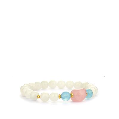 Moonstone, Aquamarine Stretchable Bracelet with Rose Quartz in Gold Tone Sterling Silver 92.75cts