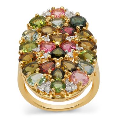 Rainbow Tourmaline Ring with White Zircon in Gold Plated Sterling Silver 7.35cts