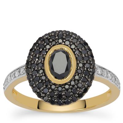Black Diamond Ring with White Diamond in 9K Gold 1.05cts