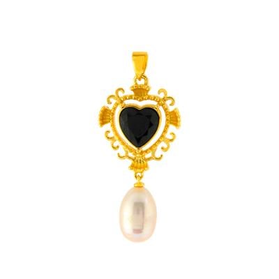 Black Spinel Pendant with Freshwater Cultured Pearl in Gold Tone Sterling Silver (10x8mm)