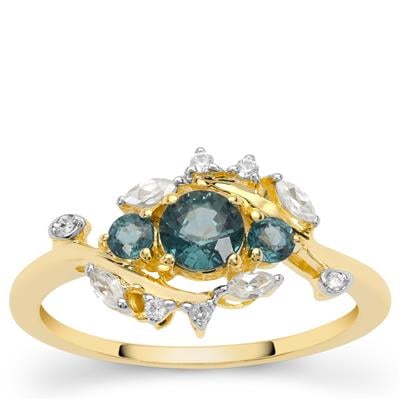 Australian Blue Sapphire Ring with White Zircon in 9K Gold 1cts