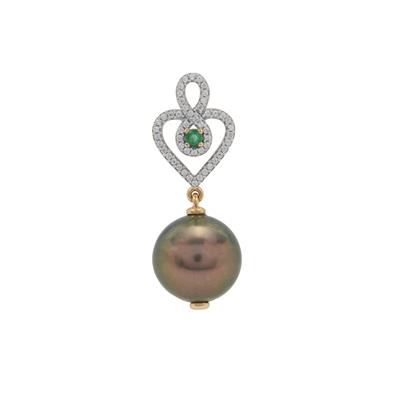 Tahitian Cultured Pearl, Zambian Emerald Pendant with White Zircon in 9K Gold (13mm)