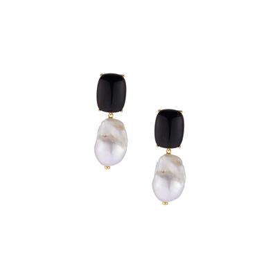 'The Audrey' Golden Obsidian Earrings with Baroque Cultured Pearl in Gold Tone Sterling Silver 