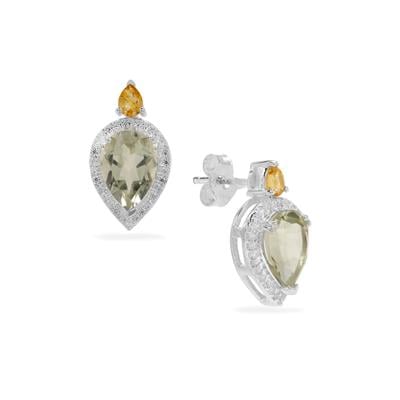 Prasiolite Amethyst, Rio Golden Citrine Earrings with White Zircon in Sterling Silver 5cts