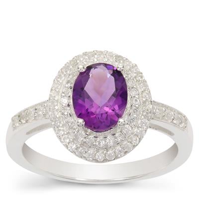 Tanzanian Amethyst Oval Ring With White Zircon Double Halo 2cts