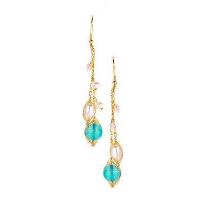 Amazonite Earrings with Kaori Cultured Pearl in Gold Tone Sterling Silver 