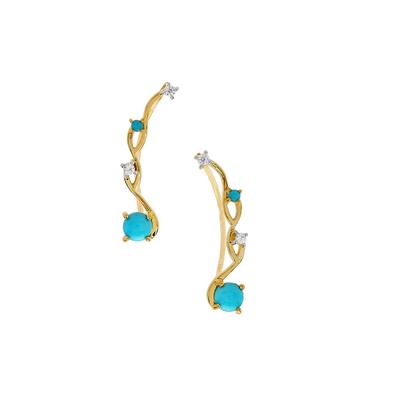 Sleeping Beauty Turquoise Earring Vines with White Zircon in Gold Plated Sterling Silver 1.20cts