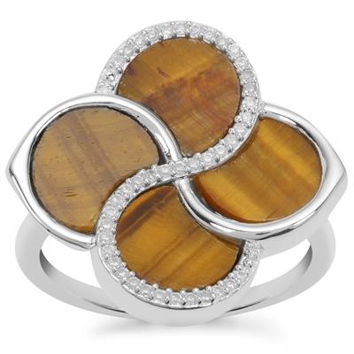 Tiger's Eye Ring with White Zircon in Sterling Silver 3.70cts