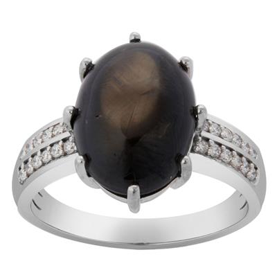 Black Star Sapphire Ring with Diamond in 18k White Gold 10.45cts
