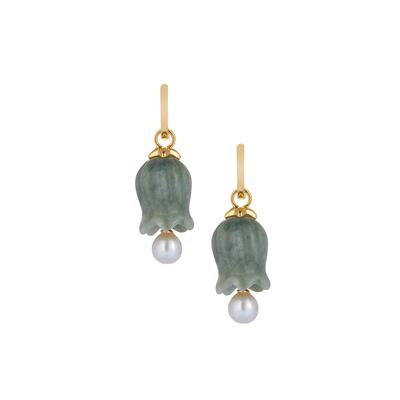 Type A Burmese Jade Flower Earrings with Kaori Cultured Pearl in Gold Tone Sterling Silver