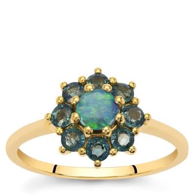 Crystal Opal on Ironstone Ring with Australian Blue Sapphire in 9K Gold