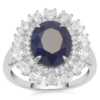 Madagascan Blue Sapphire Ring with White Zircon in Sterling Silver 5.95cts