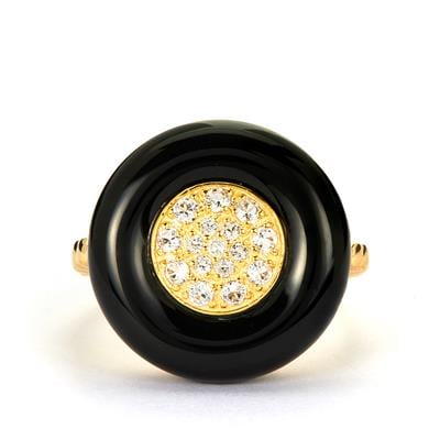 Black Onyx Ring with White Topaz in Gold Tone Sterling Silver 10.70cts