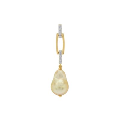 Golden South Sea Cultured Pearl Pendant with White Zircon in Gold Plated Sterling Silver (12mm)
