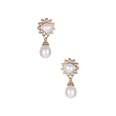 Kaori Cultured Pearl Earrings with White Topaz in Gold Tone Sterling Silver