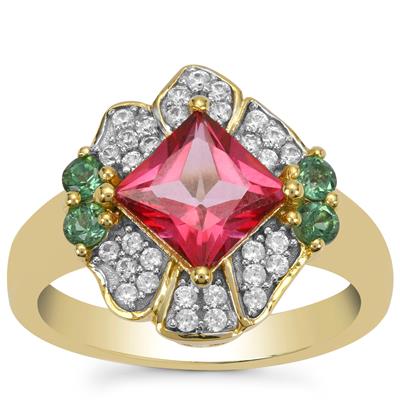 Mystic Pink Topaz, Blue Green Tourmaline Ring with White Zircon in Gold Plated Sterling Silver 2.70cts