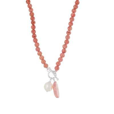 Strawberry Quartz Necklace with Freshwater Cultured Pearl in Sterling Silver 