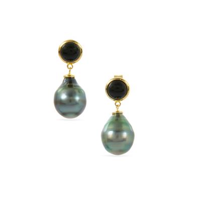 Tahitian Cultured Pearl Earrings with Agate in Gold Tone Sterling Silver 