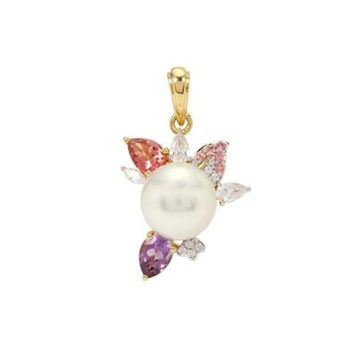 South Sea Cultured Pearl Pendant with Multi-Gemstone in Gold Plated Sterling Silver (11 MM)
