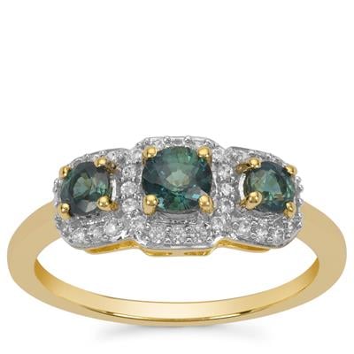 Australian Teal Sapphire Ring with White Zircon in 9K Gold 1cts