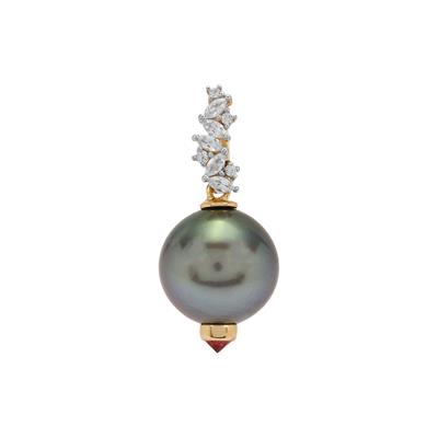 Tahitian Cultured Pearl, Burmese Red Spinel Pendant with White Zircon in 9K Gold (12mm)