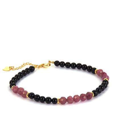 Black Onyx Bracelet with Pink Tourmaline in Gold Tone Sterling Silver 18cts