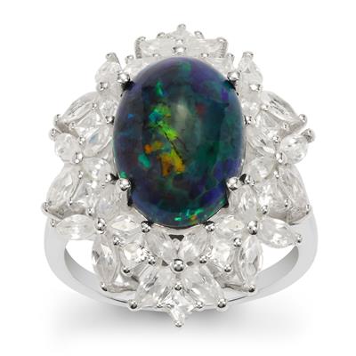 Black Opal Ring with White Zircon in Sterling Silver 7cts