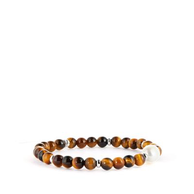 Yellow Tiger's Eye Stretchable Bracelet with Kaori Cultured Pearl and Sterling Silver