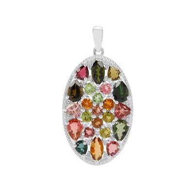 Rainbow Tourmaline Pendant with White Zircon in Sterling Silver 8cts