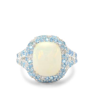 Ethiopian Opal, Swiss Blue Topaz Ring with White Zircon in Sterling Silver 4.30cts