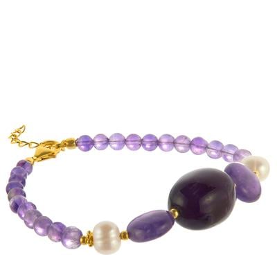 Zambian Amethyst with Freshwater Cultured Pearl Bracelet in Gold Tone Sterling Silver