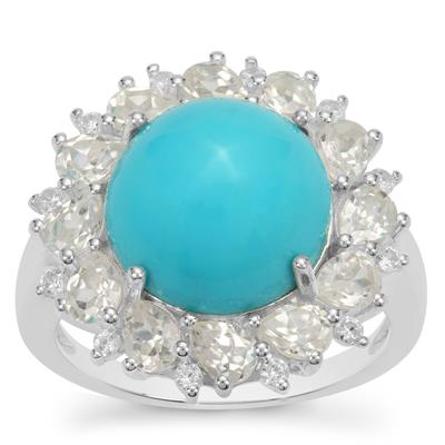 Sleeping Beauty Turquoise Ring with White Zircon in Sterling Silver 7.60cts