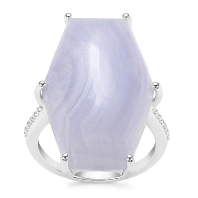 Blue Lace Agate Ring with White Zircon in Sterling Silver 18.52cts