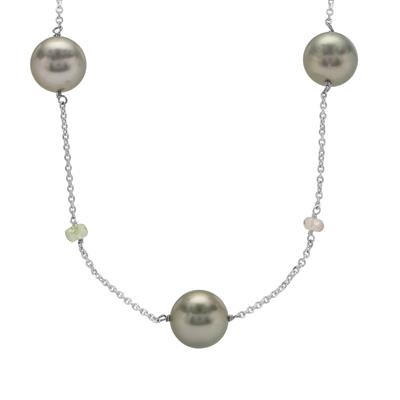 Tahitian Cultured Pearl Necklace with Multi-Colour Tourmaline in Sterling Silver (11MM)