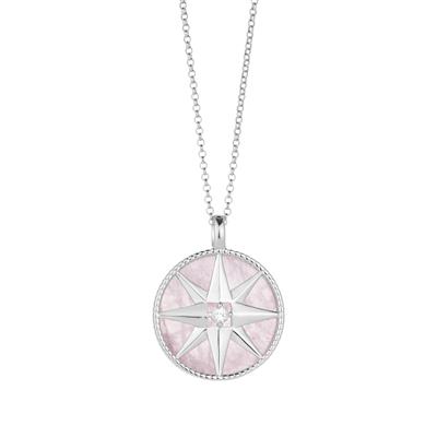 Rose Quartz Compass Rose Necklace with White Topaz in Sterling Silver 13cts