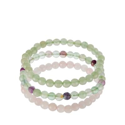 Rose Quartz, Green Aventurine & Multi-Colour Fluorite Set of Stretchable Bracelets 152.50cts