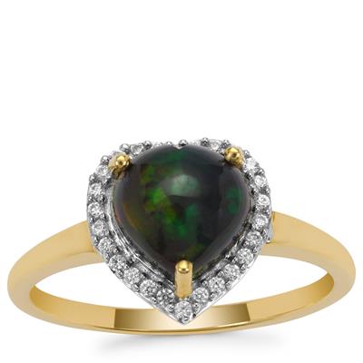Ethiopian Black Opal Ring with White Zircon in 9K Gold 1.35cts