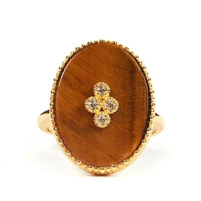 Yellow Tiger's Eye Ring with White Zircon in Gold Tone Sterling Silver 7.69cts