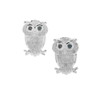Blue, White Diamond Owl Earrings in Sterling Silver 0.36ct