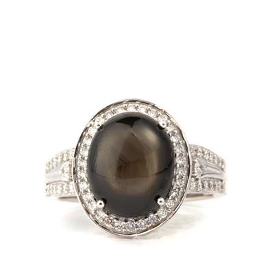 Black Star Sapphire Ring with Diamond in 18K White Gold 9.05cts