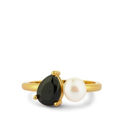 Freshwater Cultured Pearl Ring with Black Spinel in Gold Tone Sterling Silver (4mm)