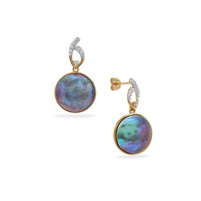 EYRIS BLUE PAUA Cultured Pearl Earrings with White Zircon in 9K Gold (14MM)