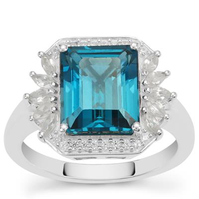 London Blue Topaz Ring with White Zircon in Sterling Silver 6.25cts