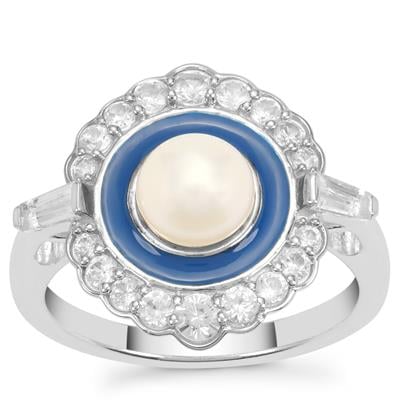 Kaori Cultured Pearl Ring with White Zircon in Sterling Silver (6mm)