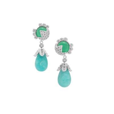 Amazonite, Green Onyx Earrings with White Topaz in Sterling Silver 15.10cts