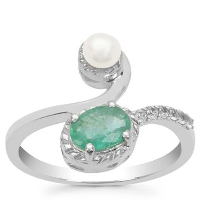 Zambian Emerald, Kaori Cultured Pearl Ring with White Zircon in Sterling Silver